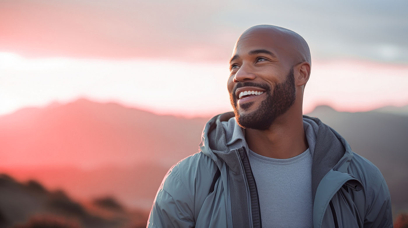 A man outdoors feeling happy - Light Lounge Arvada has reliable phototherapy in Arvada, CO for mental health assistance.