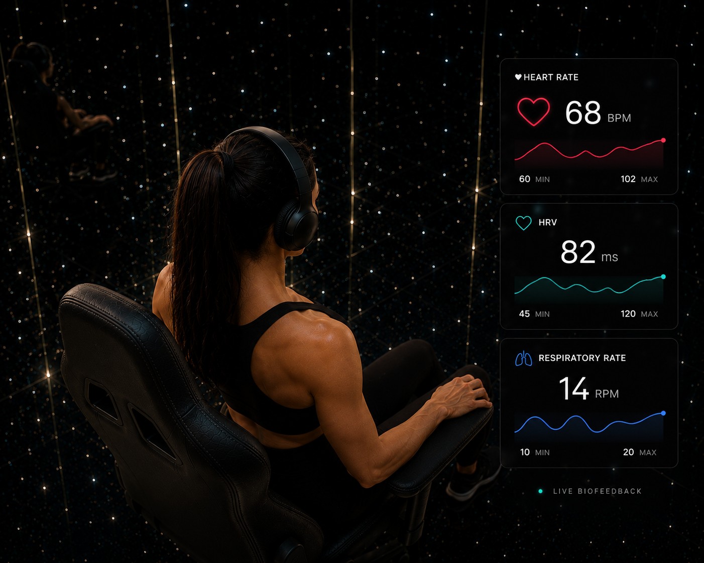 A woman with headphones on sitting in the MindGym simulator.