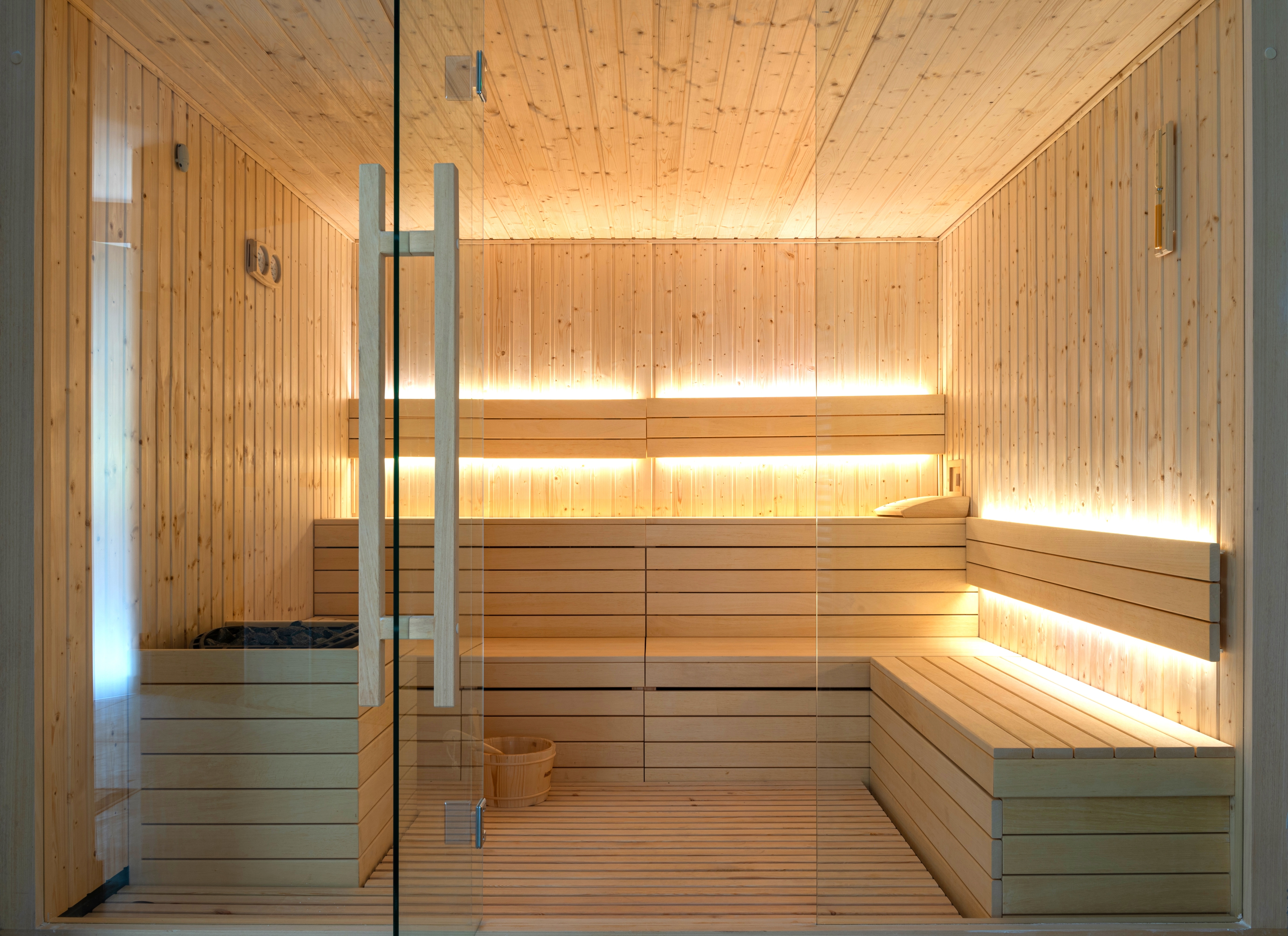 A bright wood sauna at Light Lounge.